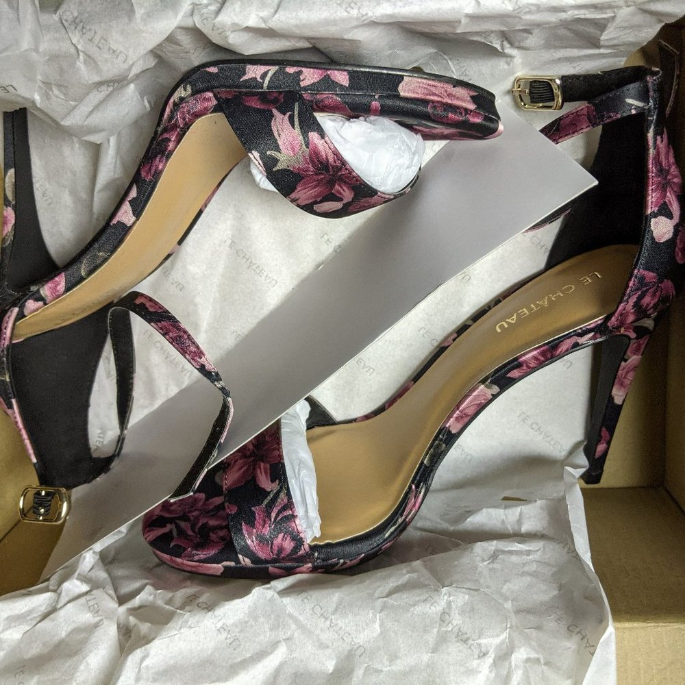 NEW satin black floral 37 heels sandals Le Chateau pumps prom